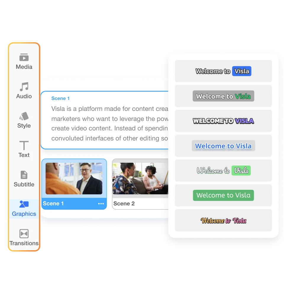Visla Scene-Based Editor for rearranging scenes, adjusting timing, adding text and graphics, and preparing a scenario-based video for export